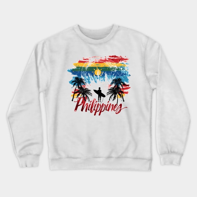 Philippines Vibes - Colourful palm trees and surfer Crewneck Sweatshirt by MLArtifex